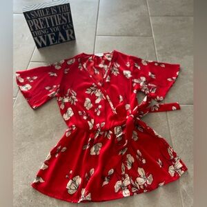 Sienna Sky Red Floral Faux Wrap Top Size XS